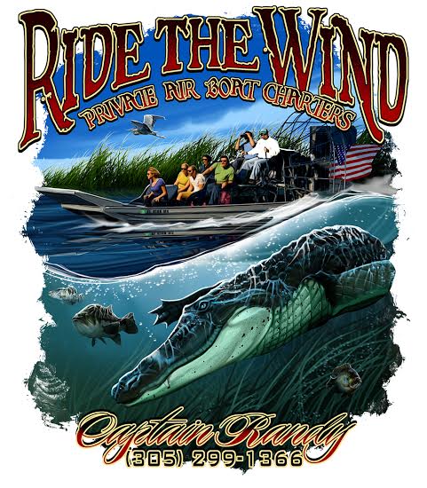 Illustrated promotional design for 'Ride the Wind' Private Airboat Charters, featuring an airboat with passengers gliding through the Everglades, a large alligator swimming beneath the water, and wildlife such as fish and birds. The bold, stylized text highlights Captain Randy’s contact information for booking