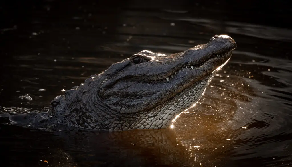 Alligator surfacing in the Everglades during a private airboat adventure in South Florida, captured in golden evening light.