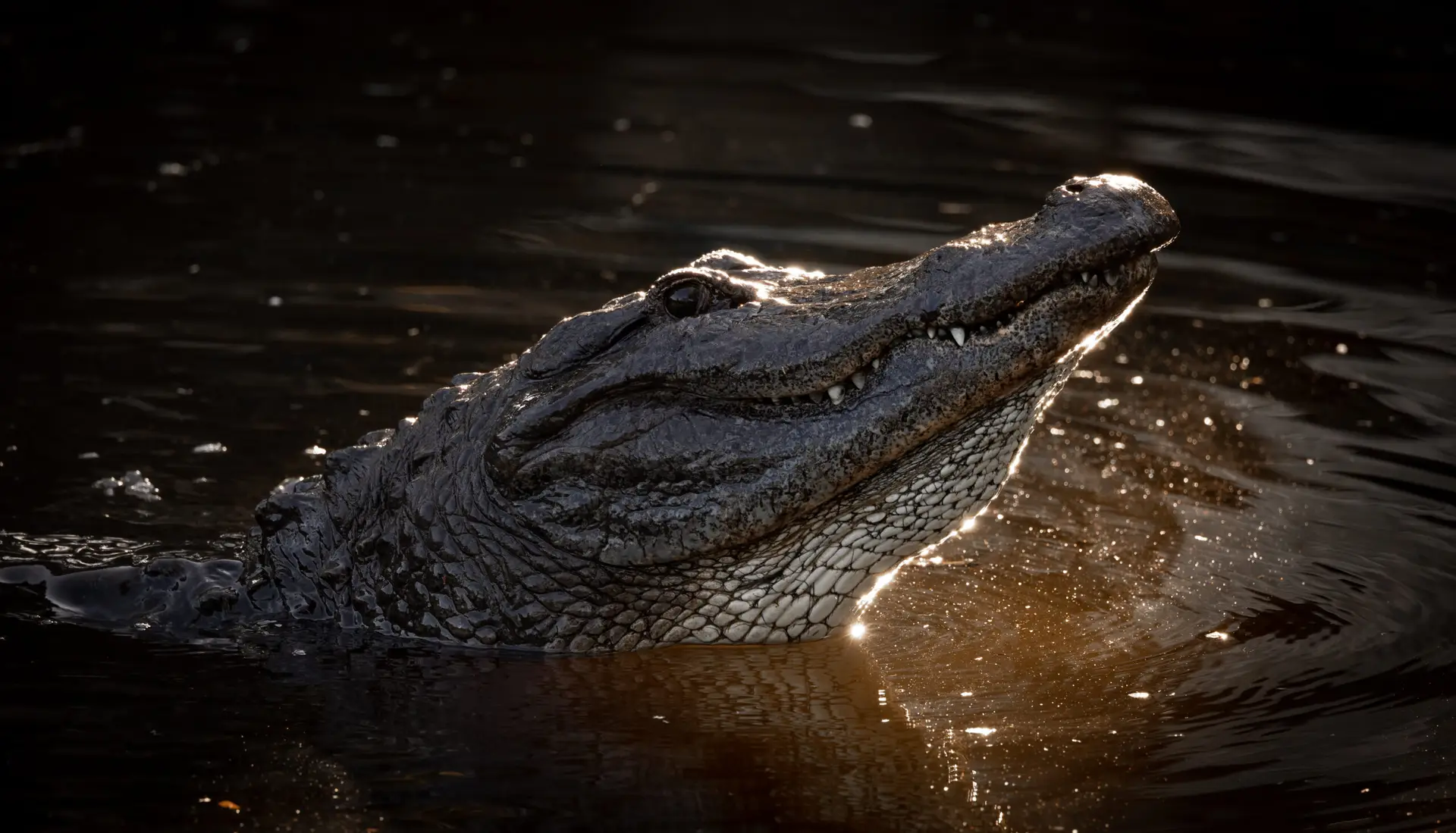 Alligator surfacing in the Everglades during a private airboat adventure in South Florida, captured in golden evening light.